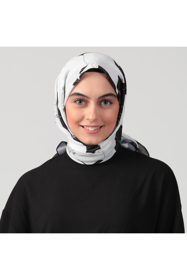 Pamuk İpek Eşarp - Manolya Desen - Beyaz