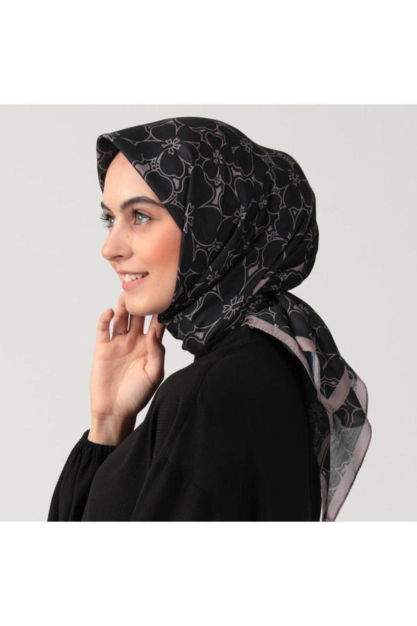 Pamuk İpek Eşarp - Yonca Desen - Siyah Vizon