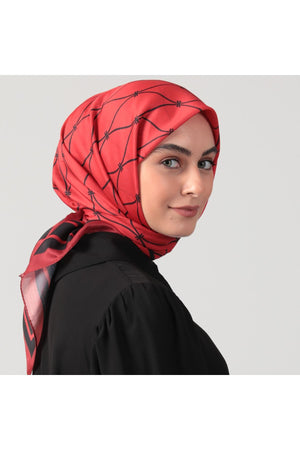 Pamuk Ipek Eşarp - Dalga Desen - Kırmızı