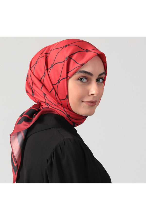Pamuk Ipek Eşarp - Dalga Desen - Kırmızı
