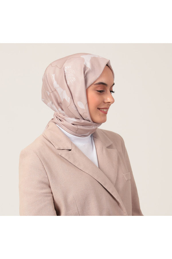 Pamuk İpek Şal - Manolya Desen - Sütlü Kahve