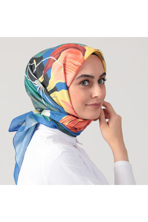 Pamuk İpek Eşarp - Tropik Desen - İndigo