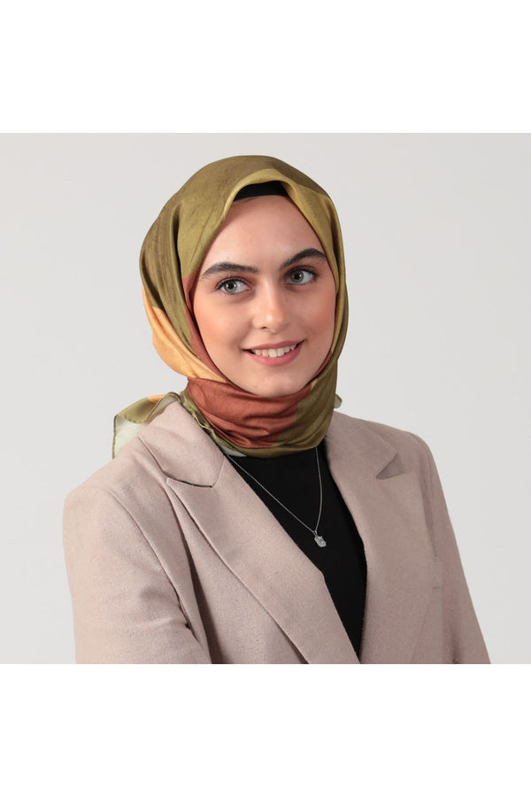 Pamuk İpek Eşarp - Asimetrik Desen - Yağ Yeşili