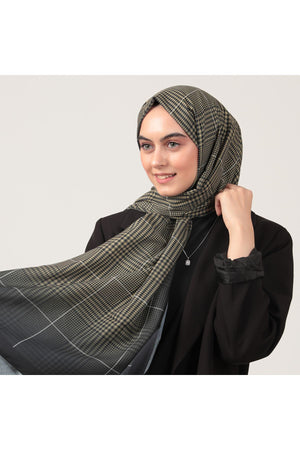 Pamuk İpek Şal - Kenarı Şeritli Atkı Desen - Yağ Yeşili