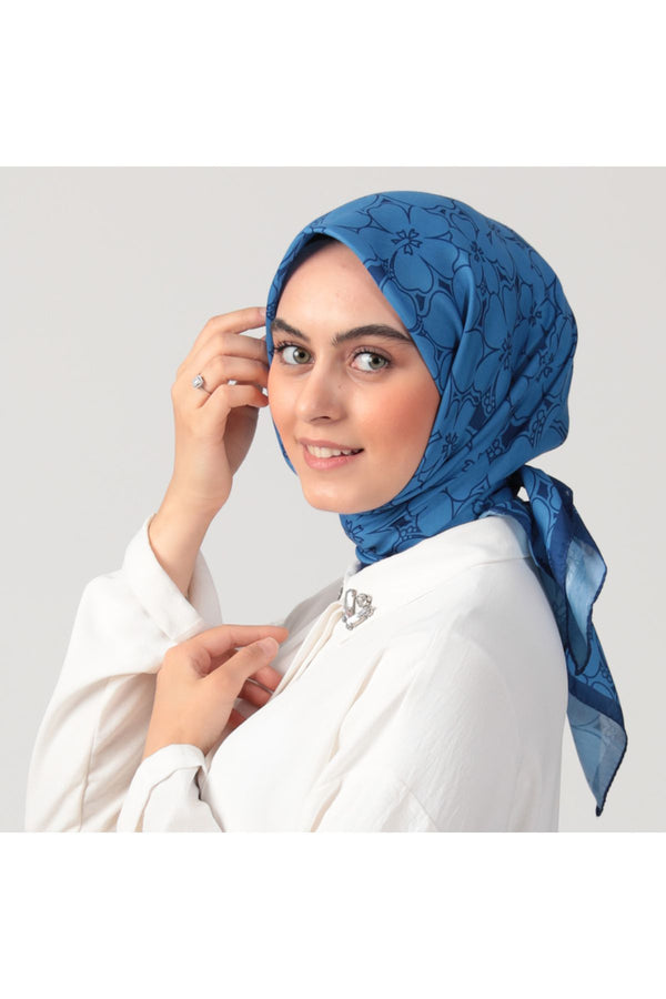 Pamuk İpek Eşarp - Yonca Desen - İndigo