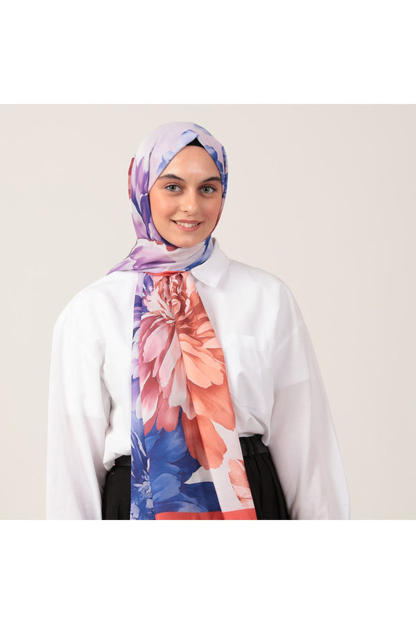 Pamuk İpek Şal - Lotus Desen - Saks Kırmızı