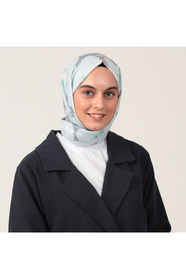 Pamuk İpek Şal - Manolya Desen - Mint Yeşili