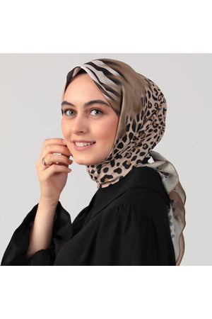 Pamuk İpek Eşarp - Leopar Desen - Vizon