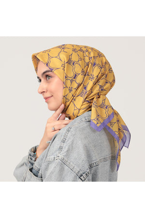 Pamuk İpek Eşarp - Yonca Desen - Sarı Lila
