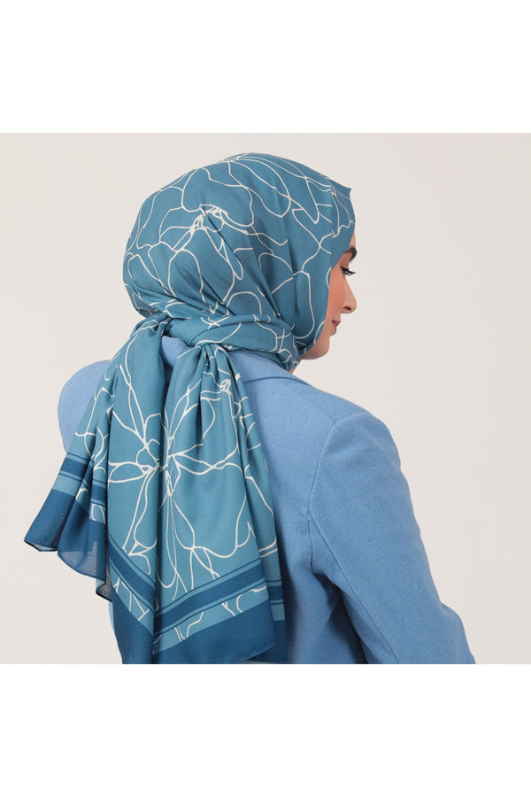 Pamuk İpek Şal - Gelincik Desen - İndigo