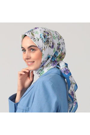 Pamuk İpek Eşarp - Hibiskus Desen - Saks Mavi