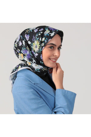 Pamuk İpek Eşarp - Hibiskus Desen - Siyah