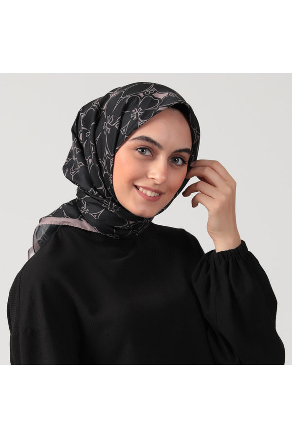 Pamuk İpek Eşarp - Yonca Desen - Siyah Vizon