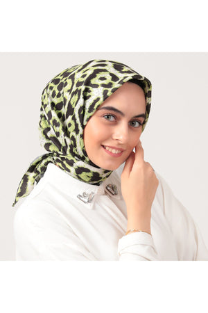 Pamuk İpek Eşarp - Büyük Leopar Desen - Neon Yeşili