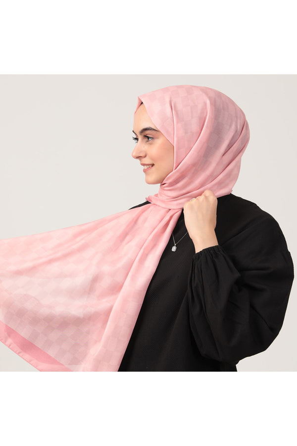 Pamuk İpek Şal - Dama Desen - Pembe