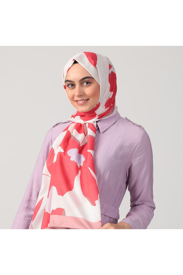 Pamuk İpek Şal - Açelya Desen - Kırmızı