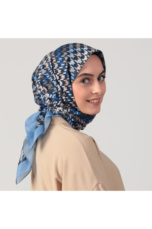 Pamuk İpek Eşarp - Kazayağı Desen - Lacivert