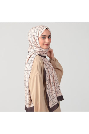 Pamuk Ipek Şal - Geometrik Desen - Acı Kahve