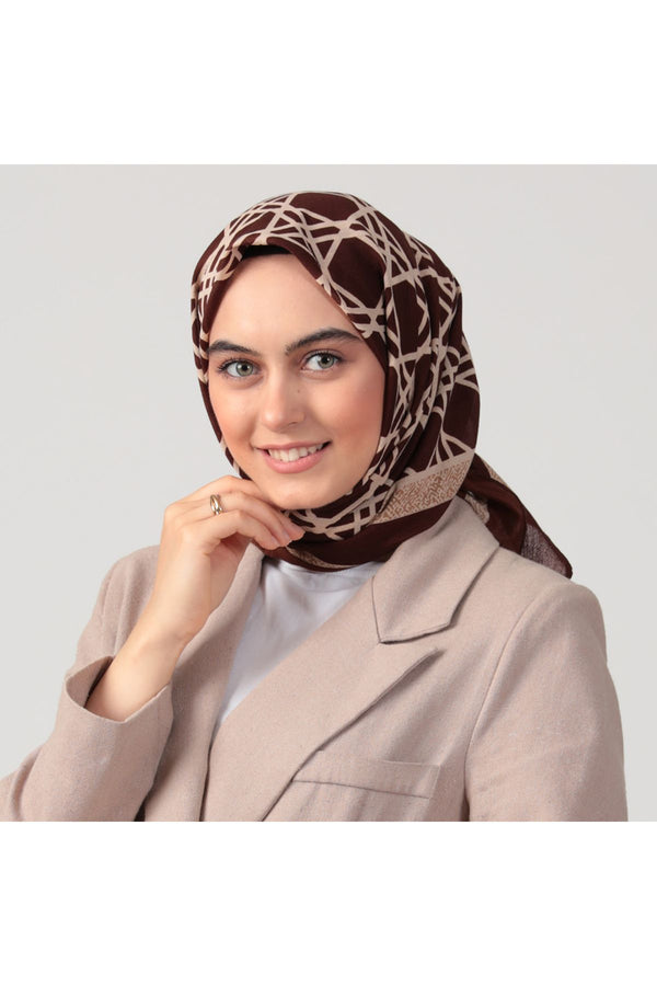Pamuklu Bürümcük Eşarp - Asimetrik Desen - Kahverengi