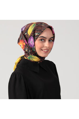 Pamuk İpek Eşarp - Bahar Bahçesi Desen - Sarı Siyah