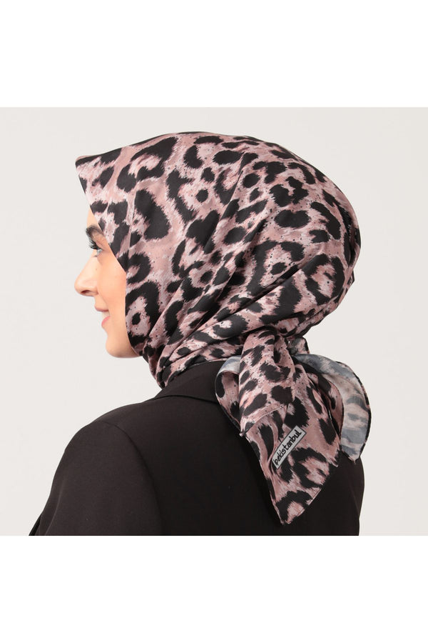 Pamuk İpek Eşarp - Büyük Leopar Desen - Gül Kurusu