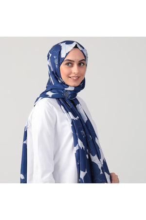 Pamuk İpek Şal - Manolya Desen - Lacivert