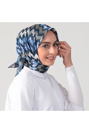 Pamuk İpek Eşarp - Zigzag Desen - Lacivert