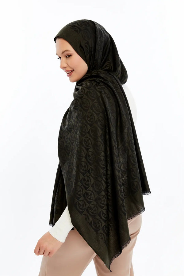 Lana Dama Desen Şal - Haki Yeşili