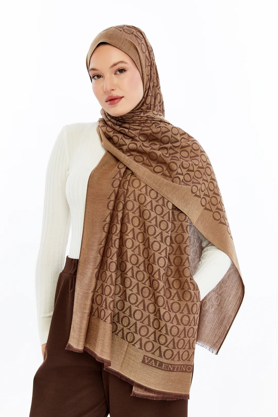 Lana VO Desen Şal - Kahve Camel