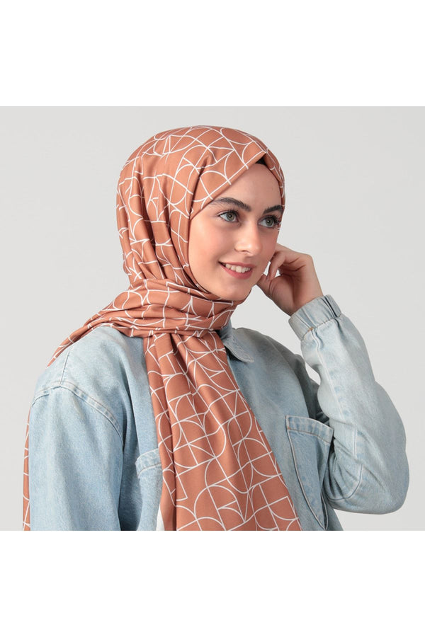 Pamuk Ipek Şal - Geometrik Desen - Tarçın