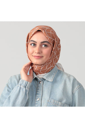 Pamuk Ipek Eşarp - Geometrik Desen - Tarçın