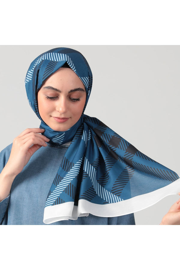 Pamuk Ipek Şal - Ekose Desen - Lacivert