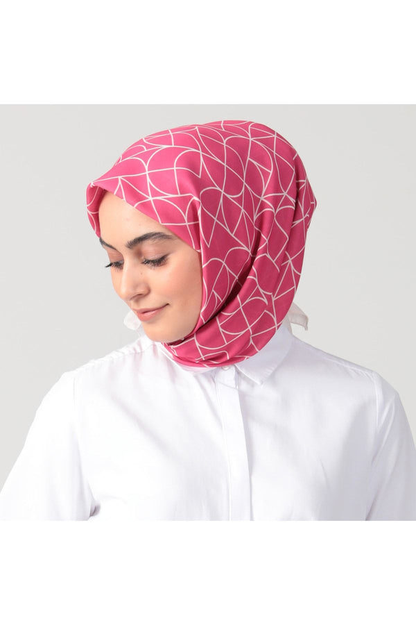 Pamuk Ipek Eşarp - Geometrik Desen - Fuşya