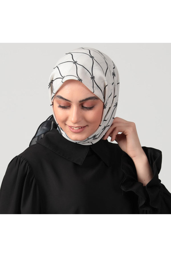 Pamuk Ipek Eşarp - Dalga Desen - Beyaz