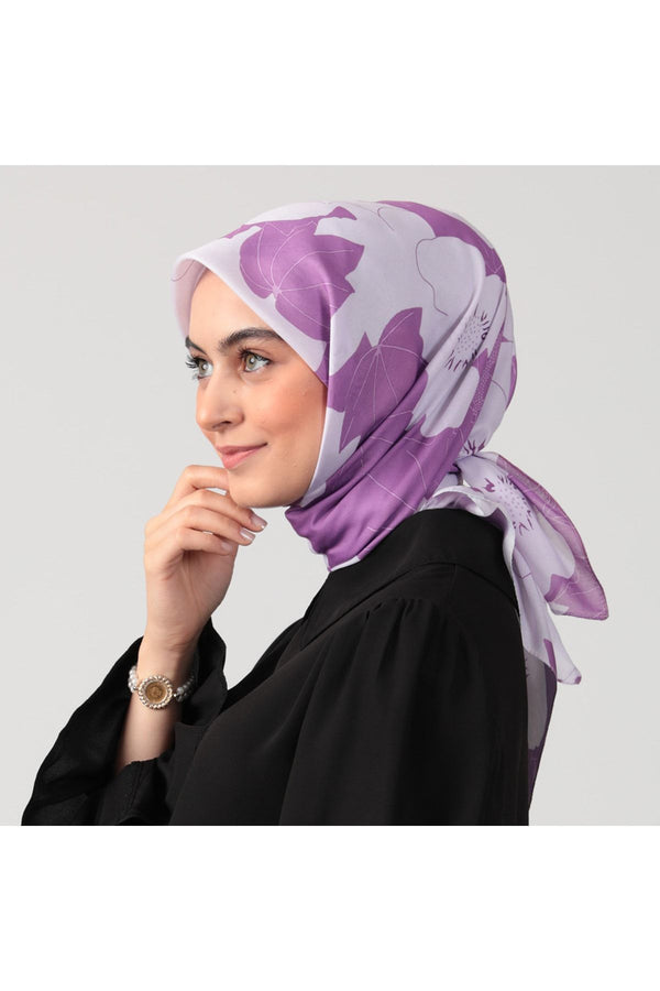 Pamuk İpek Eşarp - Manolya Desen - Eflatun