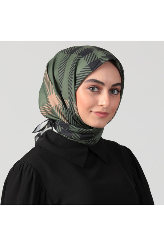 Pamuk İpek Eşarp - Ekose Desen - Haki