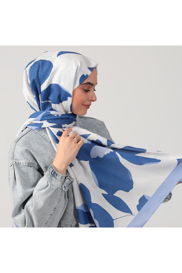 Pamuk İpek Şal - Açelya Desen - Saks Mavisi