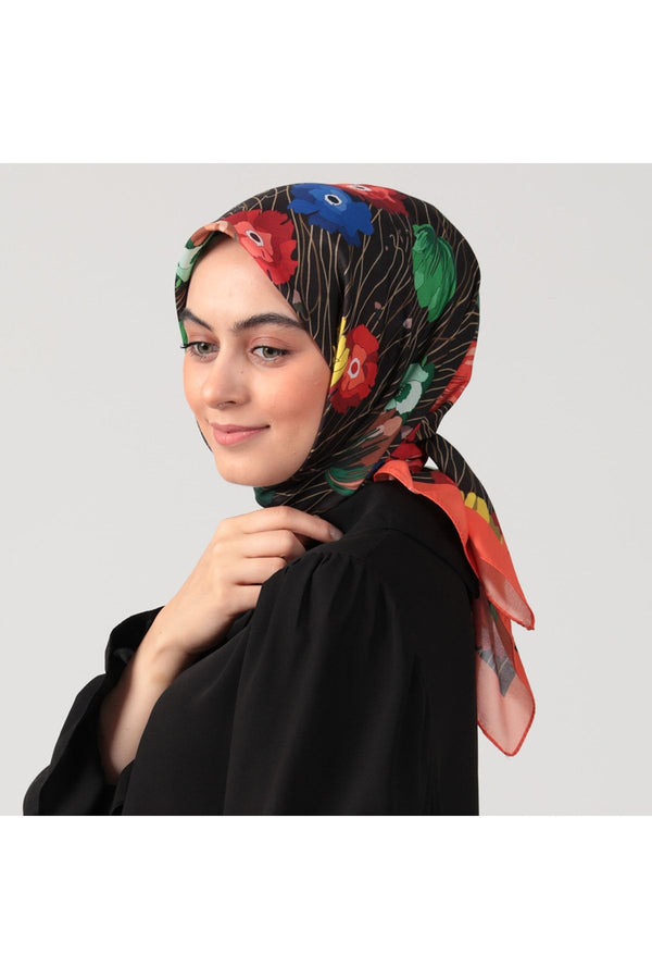 Pamuk İpek Eşarp - Bahar Bahçesi Desen - Turuncu Siyah