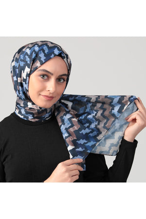 Pamuk İpek Şal - Zigzag Desen - Lacivert