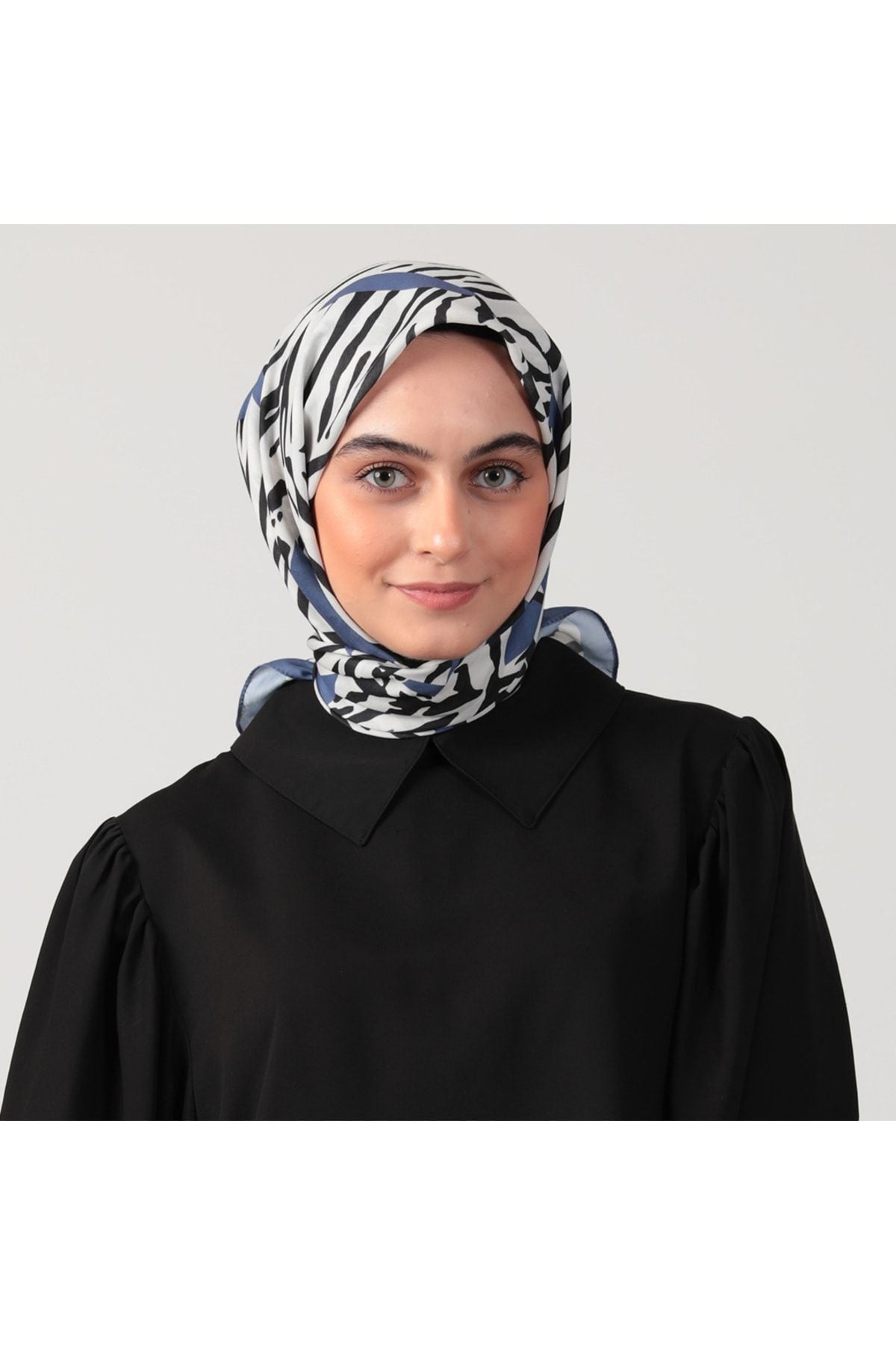 Pamuk İpek Eşarp - Zebra Desen - Kot Mavi