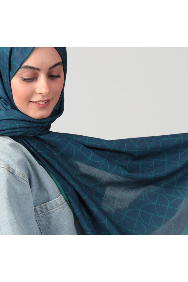 Pamuk İpek Şal - Geometrik Desen - Lacivert