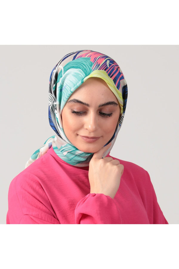 Pamuk Ipek Eşarp - Tropik Desen - Saks Mavisi