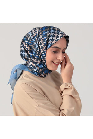Pamuk İpek Eşarp - Kazayağı Desen - Lacivert