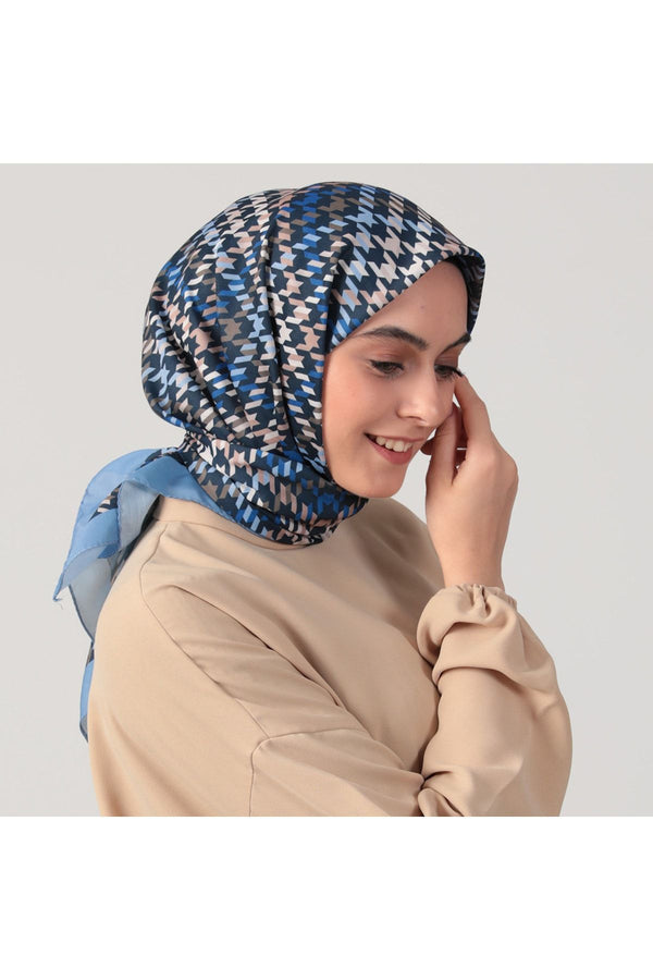 Pamuk İpek Eşarp - Kazayağı Desen - Lacivert