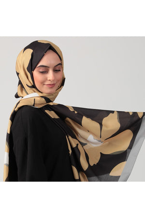 Pamuk İpek Şal - Açelya Desen - Sarı Siyah