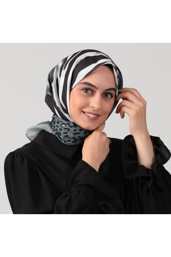 Pamuk İpek Eşarp - Leopar Desen - Füme