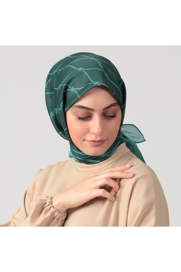 Pamuk Ipek Eşarp - Dalga Desen - Çam Yeşili
