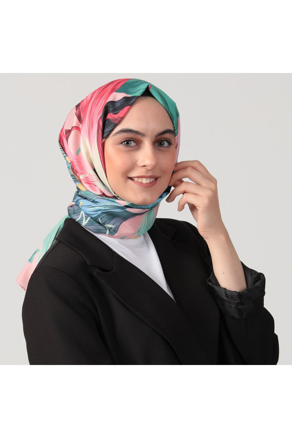 Pamuk İpek Şal - Tropik Desen - Pudra