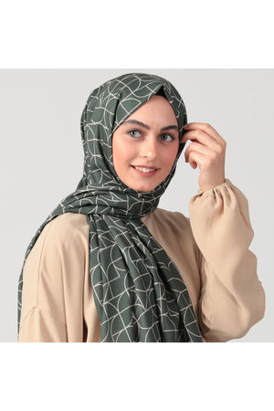 Pamuk Ipek Şal - Geometrik Desen - Haki
