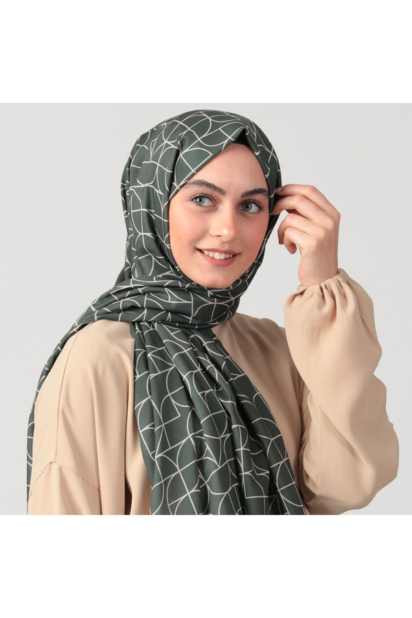 Pamuk Ipek Şal - Geometrik Desen - Haki